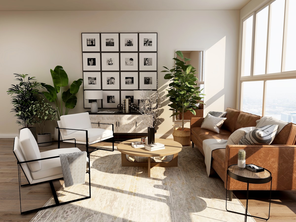 Bright modern living room with sculptural staircase and soft natural light