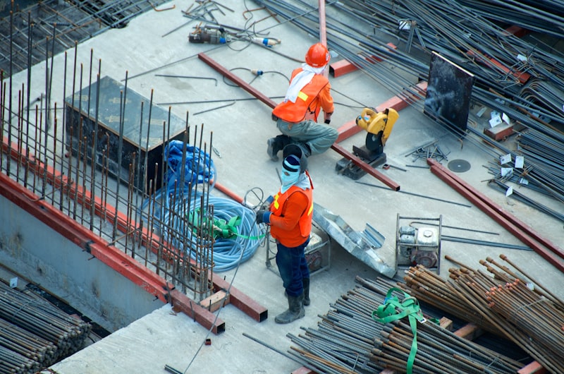 Construction site with steel structure and concrete formwork